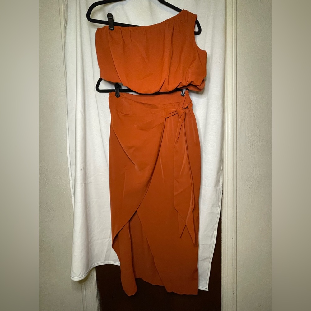 NWOT Julyclo 2-Piece Copper Orange One Shoulder Top with Wrap Skirt Size S